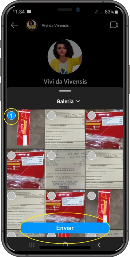 Print da tela do direct com a Vivi da Vivensis com várias opções de imagens e a primeira selecionada