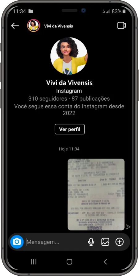 Print do direct com a Vivi da Vivensis no Instagram com a foto de uma nota fiscal enviada